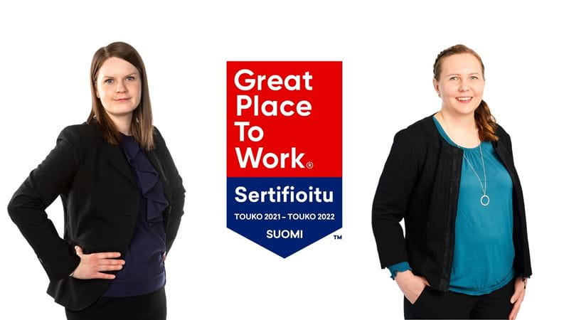 Great Place To Work -serifioidun Lammin Säästöpankin rahoitusasiantuntija Jenni Tuomala ja sijoitusasiantuntija Maiju Vitie-Leijala.