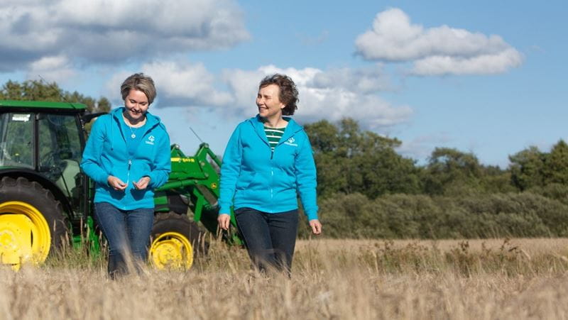 Säästöpankin työntekijät kävelemässä pellolla.