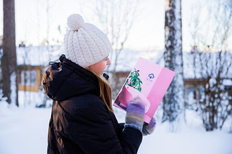 Kuvituskuva, nainen katselee uudin kodin myyntiesitettä.