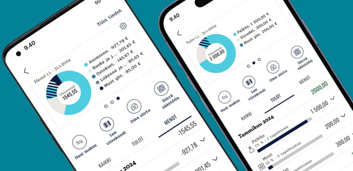 Säästöpankki Mobiili -sovellus: Talouteni tilanne -näkymä.