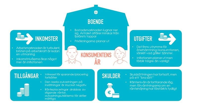 I Konsumentens år -infografen ser vi på hushållens ekonomi i fem områden: inkomster, utgifter, tillgångar, skulder och boende.