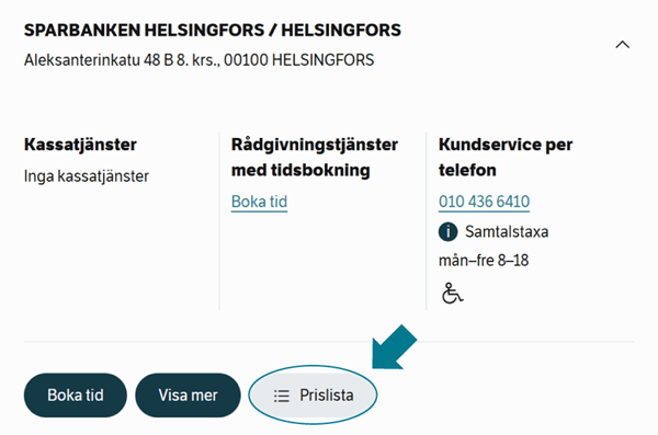 Instruktionsbild som visar var du hittar prislistan på webbplatsen.