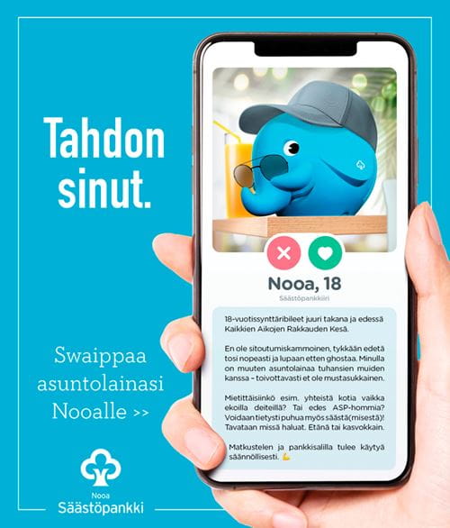 Nooa Säästöpankin ideointikilpailun voittaja: Helsingin Sanomien etusivun mainos.